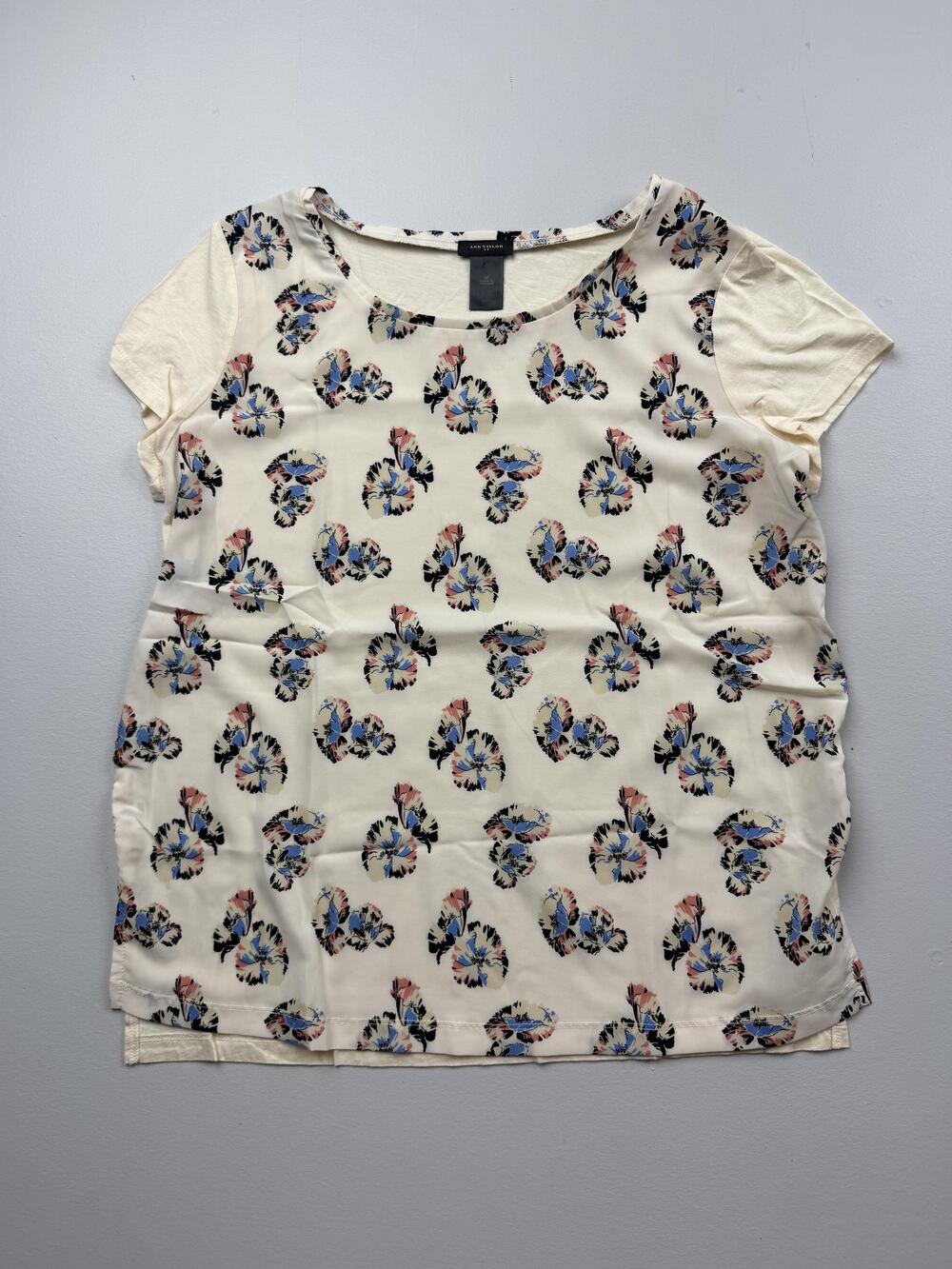 Ann Taylor Shirt Womens M White Scoop Neck Short Sleeve Floral Print Woven Top